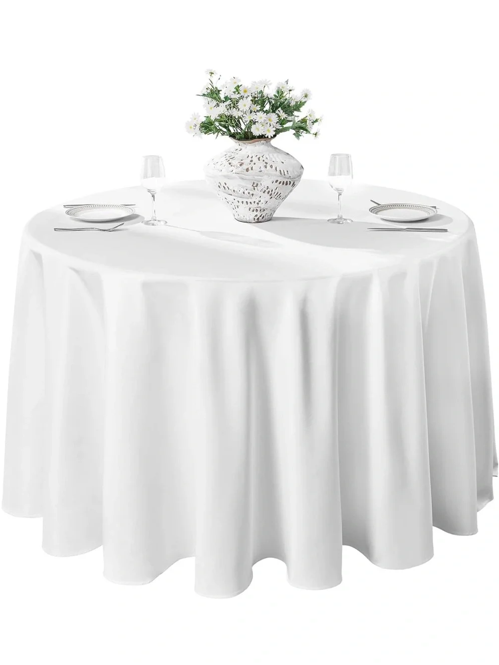 NEW VidaFete 132” Round Tablecloth Polyester, Stain/Wrinkle Resistant. White.
